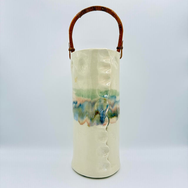 Signed 1992 Studio Pottery Vase With Bamboo Handle, Organic Modern Ceramic Vessel, Handcrafted Art Pottery, Neutral Glaze Cylinder For Sale - Image 11 of 11