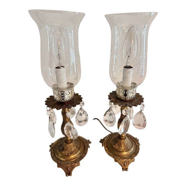 Pair of Vintage Brass Accent Lamps With Chandelier Crystal Prisms & Etched Glass Shades For Sale