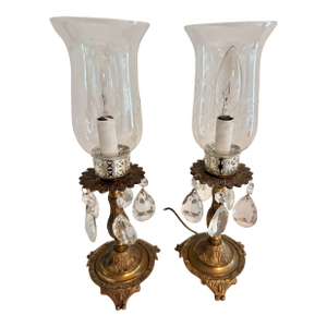 Pair of Vintage Brass Accent Lamps With Chandelier Crystal Prisms & Etched Glass Shades