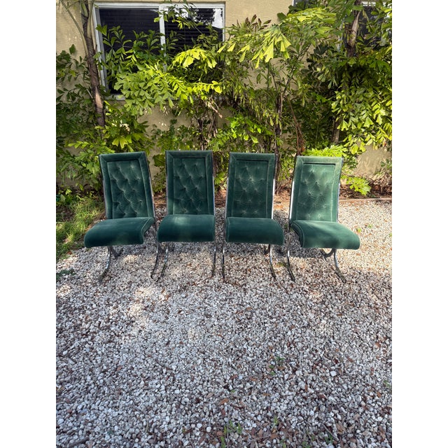 Vintage 1970s Glass & Chrome Dining Set With Hunter Green Cantilever Chairs For Sale - Image 12 of 16
