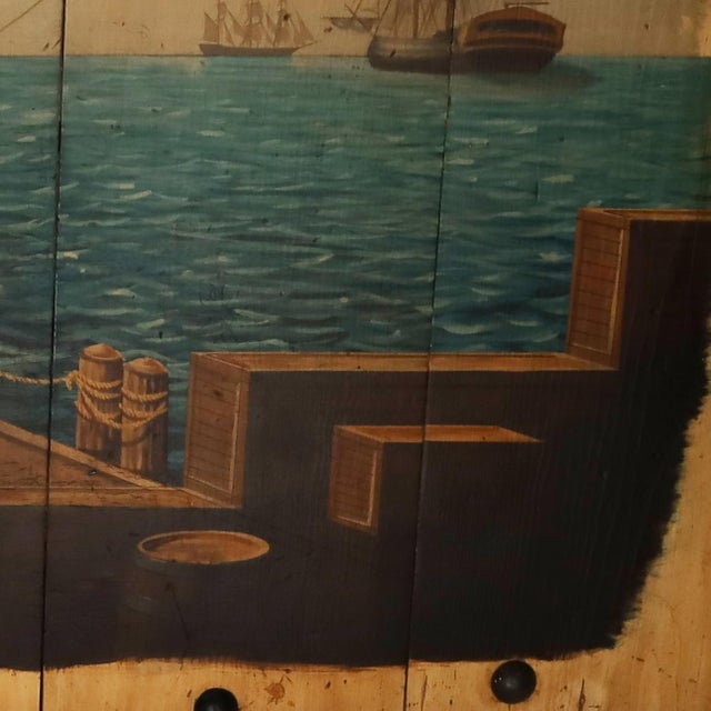 Wood Large Oil Painting on Board of a Sailing Ship at Dock For Sale - Image 7 of 10