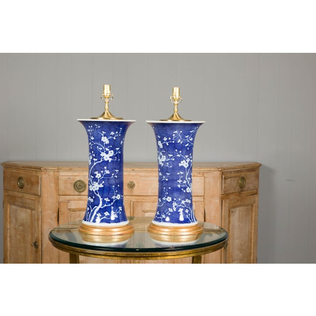 Mid 20th Century Mid 20th Century Mid Century Modern Porcelain Blue and White Table Lamps with Blooming Trees, a Pair For Sale - Image 5 of 12