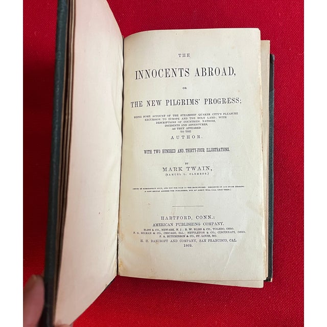 Fine leather binding "The Innocents Abroad" by Mark Twain, first edition, 1869. American Publishing Company, Hartford,...