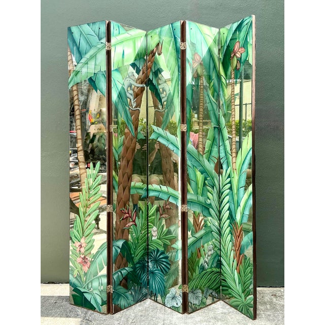 This captivating four-panel room divider is a masterful example of decorative artistry, utilizing the sophisticated verre...