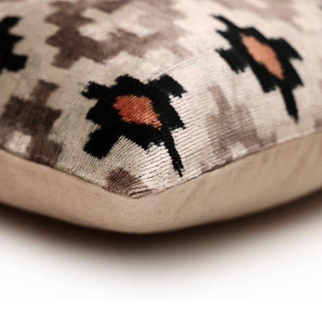 Textile Luxury Neutral Ikat Velvet Throw Pillow 20x20 | Handmade Designer Silk Velvet Cushion For Sale - Image 7 of 8