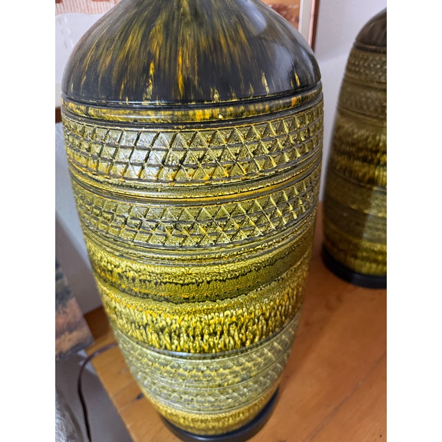 Green 1950s Bitossi Large Vintage Green Textured Lamps Pair For Sale - Image 8 of 9
