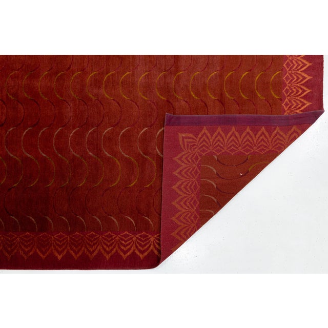 Contemporary Tibetan Wool & Silk Rug in Crimson and Gold With Art Deco Boder For Sale - Image 4 of 11