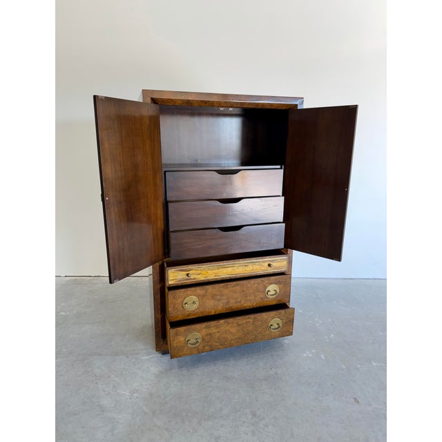 Mastercraft Vintage 1970’s Mastercraft Attributed Burlwood Armoire Cabinet With Etched Brass For Sale - Image 4 of 12