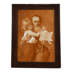 Antique Painting on a Porcelain Plaque of a Man and Child