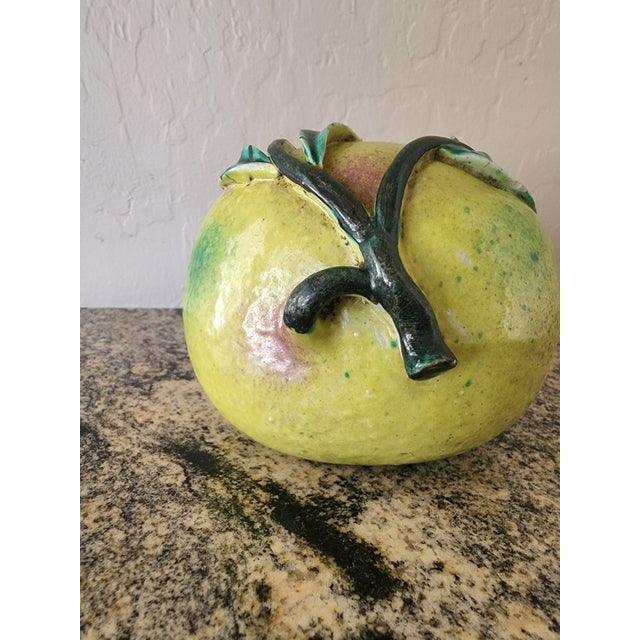 Large Vintage Chinese Green and Pink Glazed Ceramic Peach Altar Fruit For Sale - Image 4 of 10