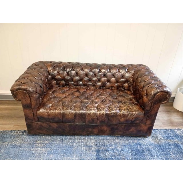 Vintage Leather Chesterfield Tufted Settee Sofa For Sale - Image 9 of 11