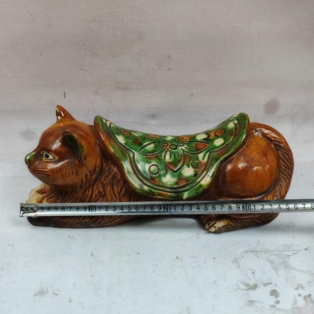 Chinese Vintage Chinese Sancai Glazed Ceramic Cat Pillow (Headrest) - 1950s For Sale - Image 3 of 9