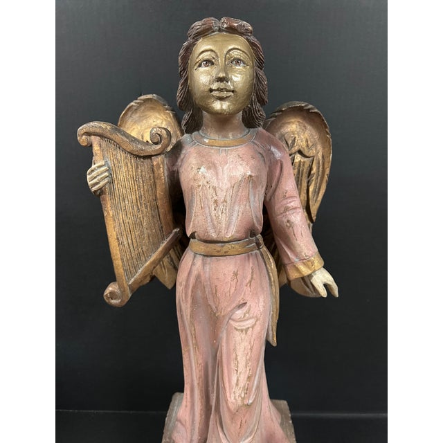 Figurative Vintage Hand Carved Wooden Stnading Angel Playing Lyre Instrument Sculpture For Sale - Image 3 of 8