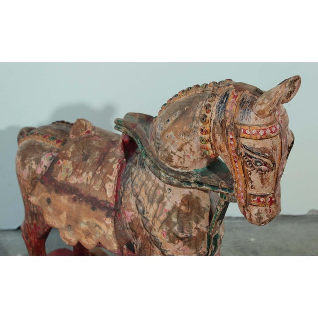 Pair of Monumental Indian Polychrome Carved Wood Horses on Wheels, 19th C. For Sale - Image 4 of 17