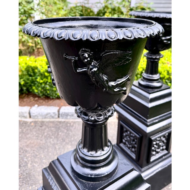 Large Antique Black Cast Iron Garden Urns on Pedestals, Pair, Circa 1900 For Sale - Image 10 of 18
