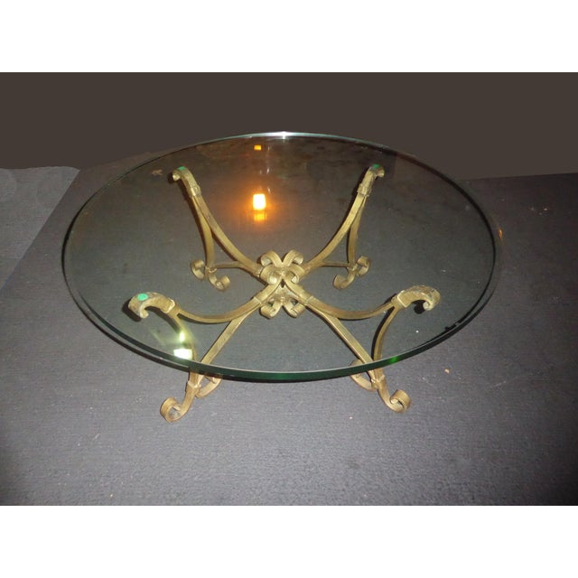 Vintage Spanish Style Gold Wrought Iron Coffee Table Round Beveled