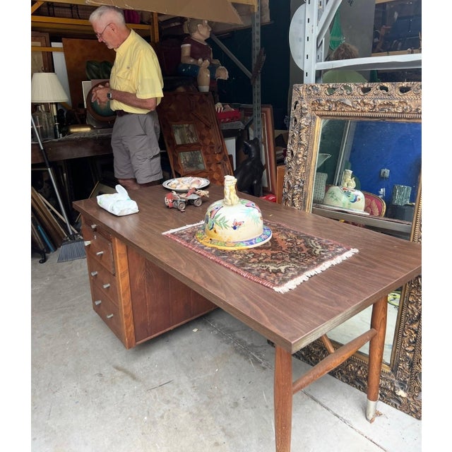 Heavy Large Vintage Wooden MCM Style Desk For Sale - Image 4 of 4