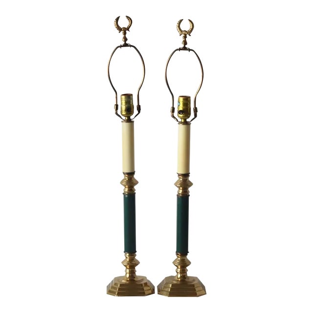 Vintage Tall Stiffel Style Brass Teal Candlestick Column Table Lamps Hollywood Regency- a Pair For Sale