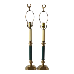Vintage Tall Stiffel Style Brass Teal Candlestick Column Table Lamps Hollywood Regency- a Pair