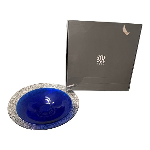 Vintage Maleras Sweden Crystal Art Glass Bowl Cobalt Blue Original Box Swedish MCM Art Glass Catchall For Sale