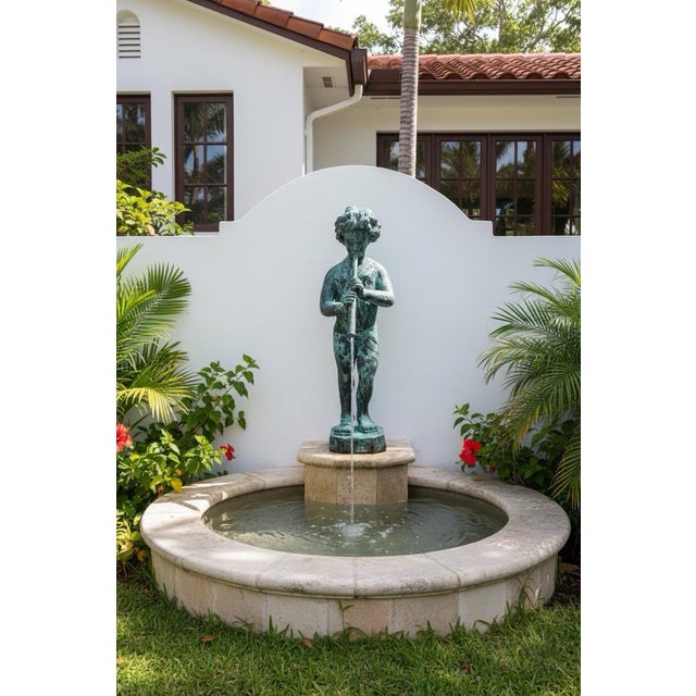 Verdigris Vintage-Style Bronze Boy Playing Flute Fountain With Verdigris Patina For Sale - Image 8 of 9