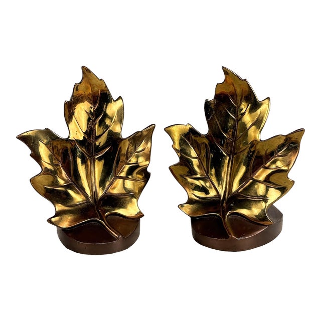 Vintage Traditional Gold Gilded Metal Maple Leaf Library Bookends - A Pair For Sale
