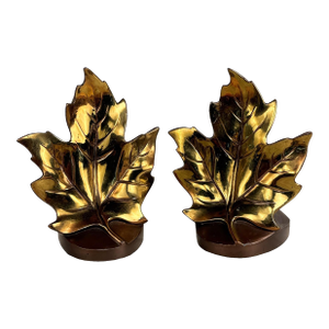 Vintage Traditional Gold Gilded Metal Maple Leaf Library Bookends - A Pair