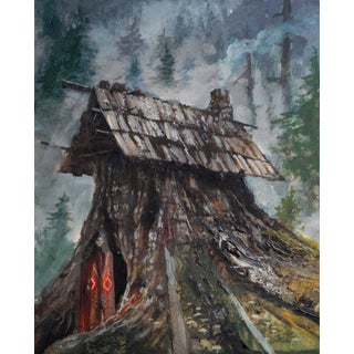 Thuja Noita by Adam Burke | Acrylic on wood depicting a figure in a tree stump house. For Sale