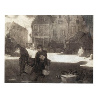François Pycke, Market Day, Sluizeken Square, Ghent, Belgium, 20th Century, Engraving, Framed For Sale