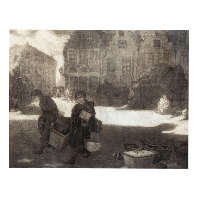 François Pycke, Market Day, Sluizeken Square, Ghent, Belgium, 20th Century, Engraving, Framed For Sale