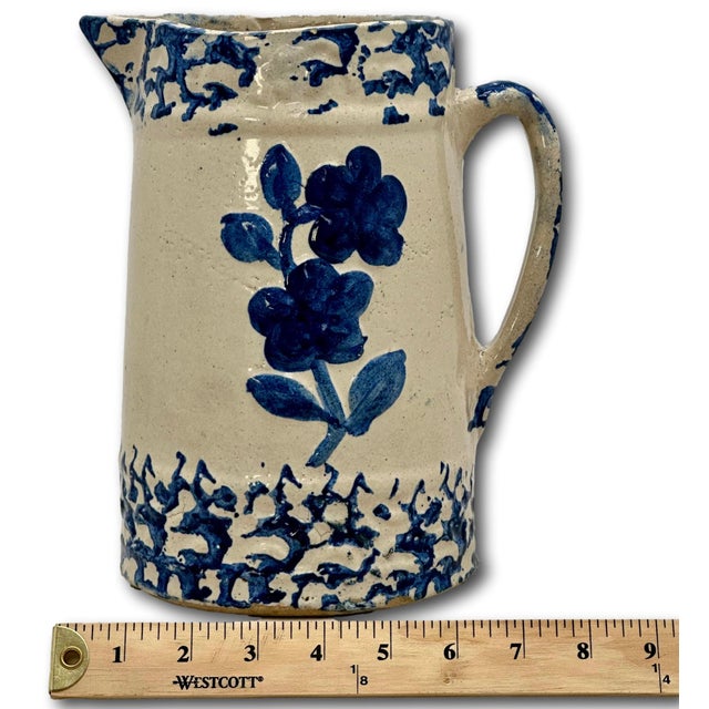 Unusual Antique American Blue Spongeware & Flower Decorated Stoneware Milk Pitcher Circa Late 19th Century For Sale - Image 17 of 18