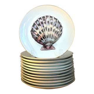 Vintage Coastal Fitz and Floyd Shell Motif Ceramic Plates - Set of Twelve For Sale