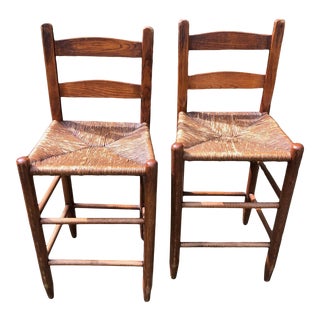 19th Century American Rush Seat Counter Stools -Pair For Sale