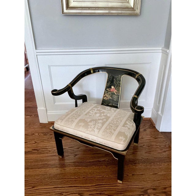 Textile Late 20th Century Pair of James Mont Style Black Lacquer Horseshoe Chairs For Sale - Image 7 of 9