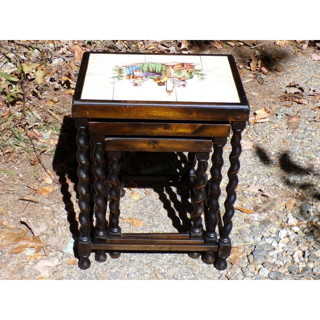 Vintage Spanish Set of 3 Hand Painted Tile Top Barley Twist Nesting Tables For Sale - Image 14 of 17