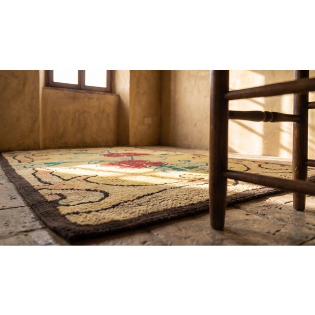 Considerable Yellow Mustard Color With Lovely Florid Design Antique American Hooked Rug For Sale - Image 11 of 12