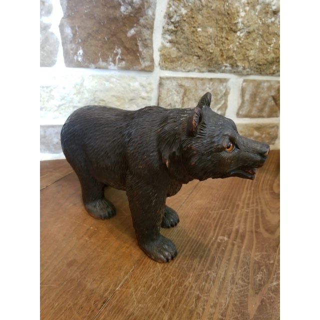 Beautiful antique carved wood bear with glass eyes and a lovable face.