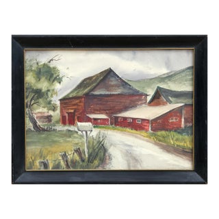 1960s "Red Barn" Watercolor Painting by Eve Nethercott For Sale