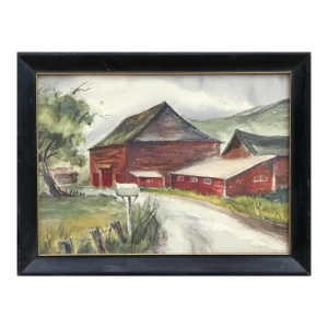 1960s "Red Barn" Watercolor Painting by Eve Nethercott