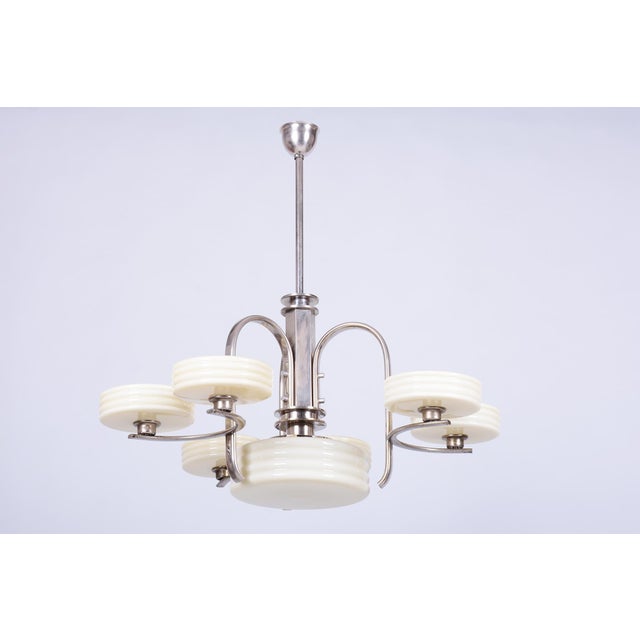 Bauhaus Chandelier in Nickel-Plated Steel and Opaline Glass, Czech, 1920s For Sale - Image 14 of 14