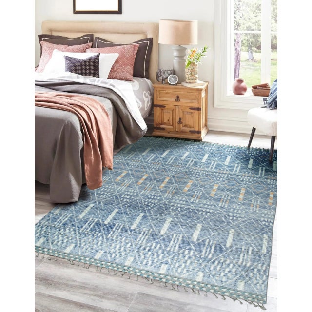 6x9 Modern Light Blue Geometric Moroccan Handknotted Wool Berbet Carpet Rug For Sale In New York - Image 6 of 6
