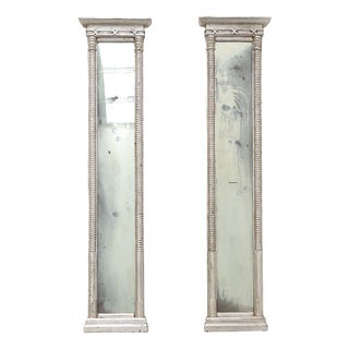 Neoclassical Silver Leaf Pier Mirrors with Ringed Columns and Cornice, Italy, 1850, Set of 2 For Sale