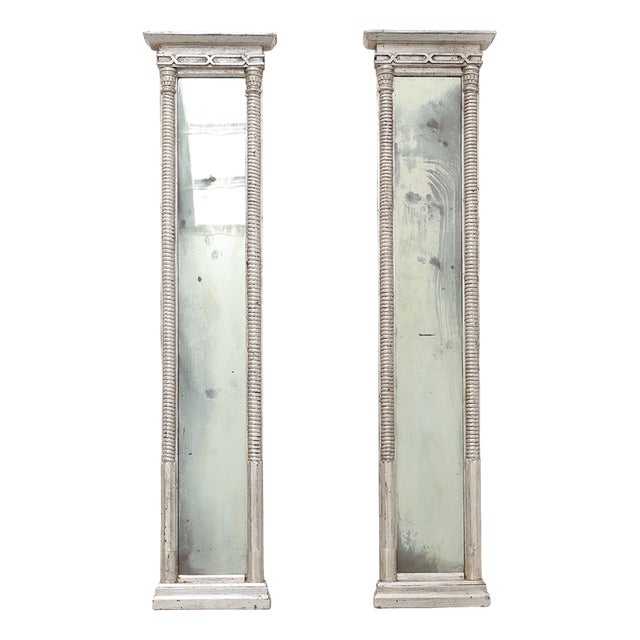 Neoclassical Silver Leaf Pier Mirrors with Ringed Columns and Cornice, Italy, 1850, Set of 2 For Sale