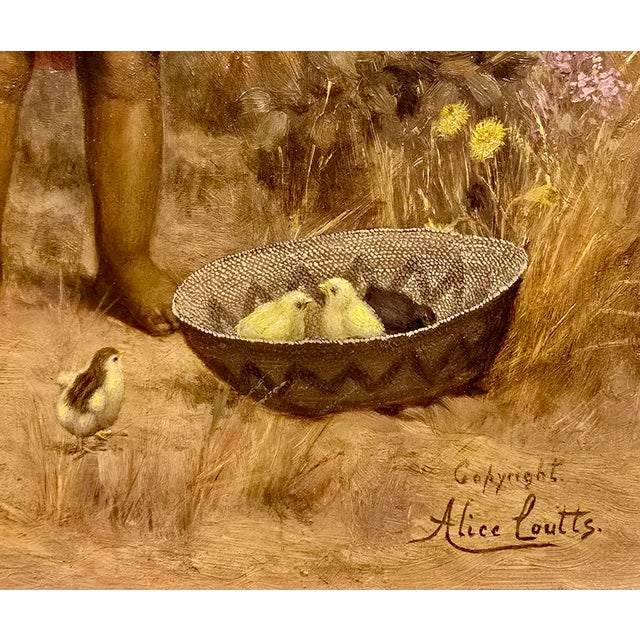 Alice Coutts –Young Native American Pomo Girl W/Her Chicks-19th C. Oil Painting For Sale In Los Angeles - Image 6 of 13