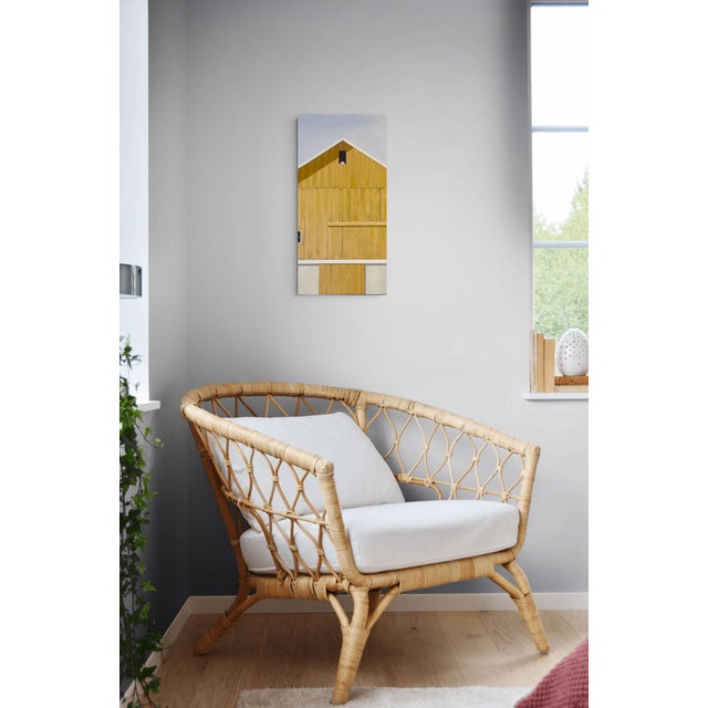 Yellow Autumn Afternoon by Justin Wheatley | Acrylic on Panel Yellow Barn With Grey Sky For Sale - Image 8 of 8