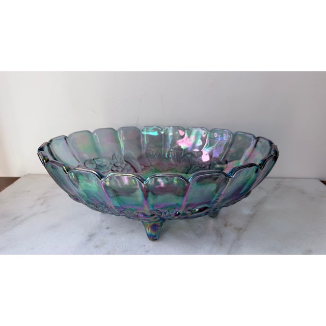 Mid-Century Modern Vintage 1970s Indiana Glass Iridescent Blue Carnival Glass Harvest Grape Footed Centerpiece Bowl.. For Sale - Image 3 of 10