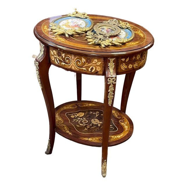 French Louis XVI-Inspired Side Table – Marquetry Wood, Floral Inlay & Ornate Gold Leaf Accents For Sale
