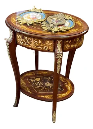 French Louis XVI-Inspired Side Table – Marquetry Wood, Floral Inlay & Ornate Gold Leaf Accents