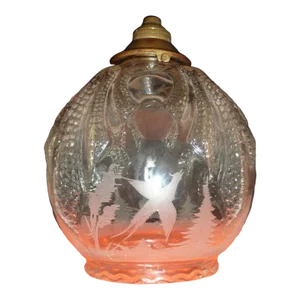 1920's French Art Deco Carved Crystal "Forest Animals" Pendant Ceiling Fixture
