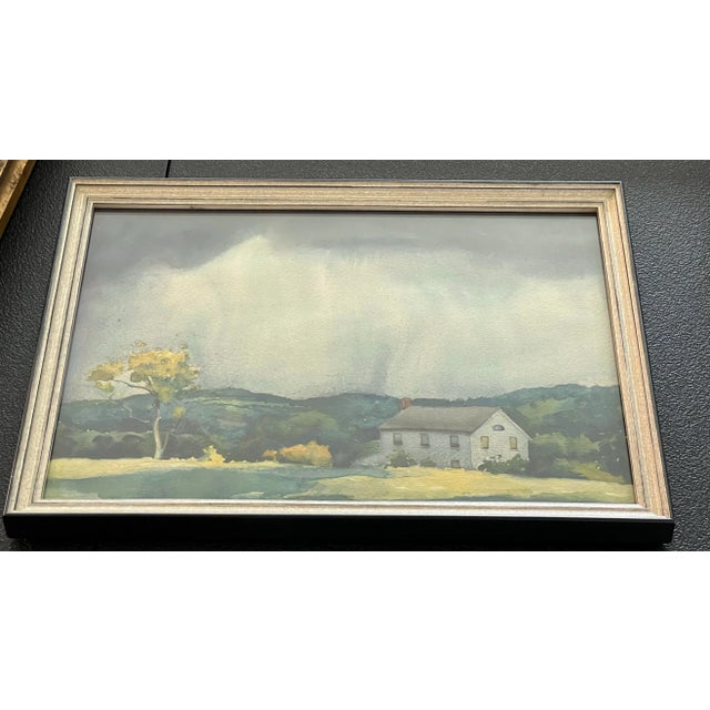 Vintage Framed Watercolor Stormy Farm Landscape For Sale - Image 4 of 11